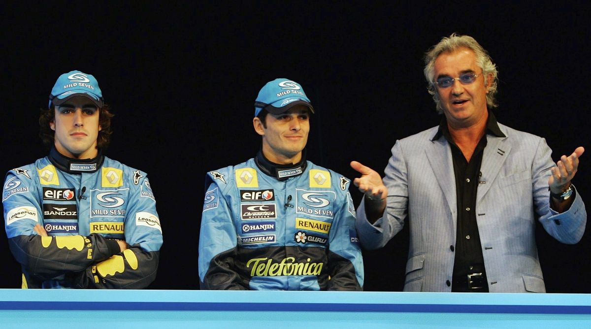 Fernando Alonso, Giancarlo Fisichella et Flavio Briatore (Renault) le 1er février 2005 à Monte Carlo