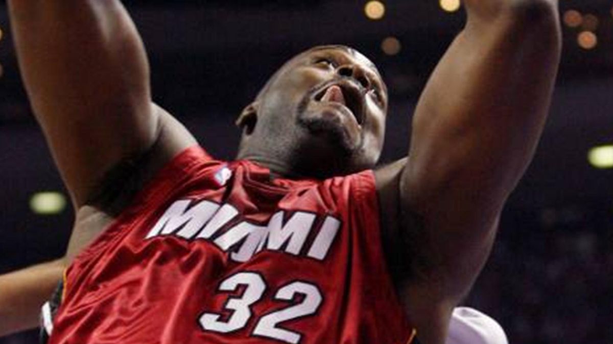 Miami Heat center Shaquille O'Neal takes a shot at the basket over