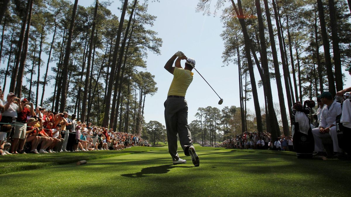 GOLF Tiger Woods hits a tee shot on the 17th ahead of the Masters at Augusta National