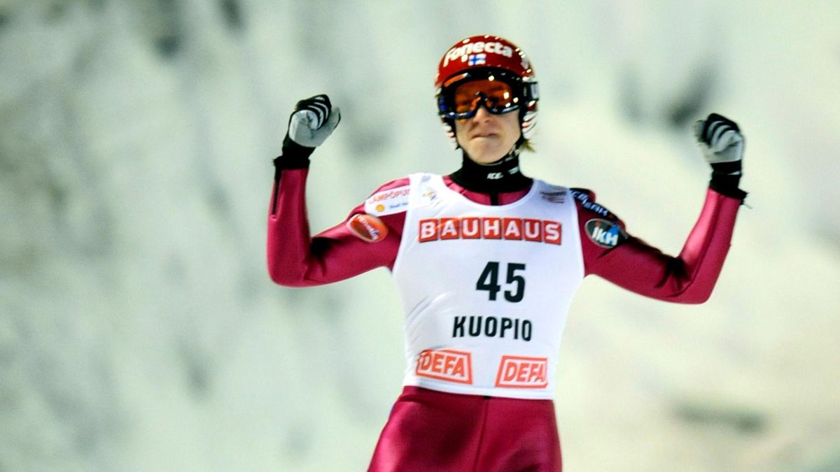 Ville Larinto of Finland reacts after the first round jump of the FIS World Cup ski jumping large hill individual competition in Kuopio
