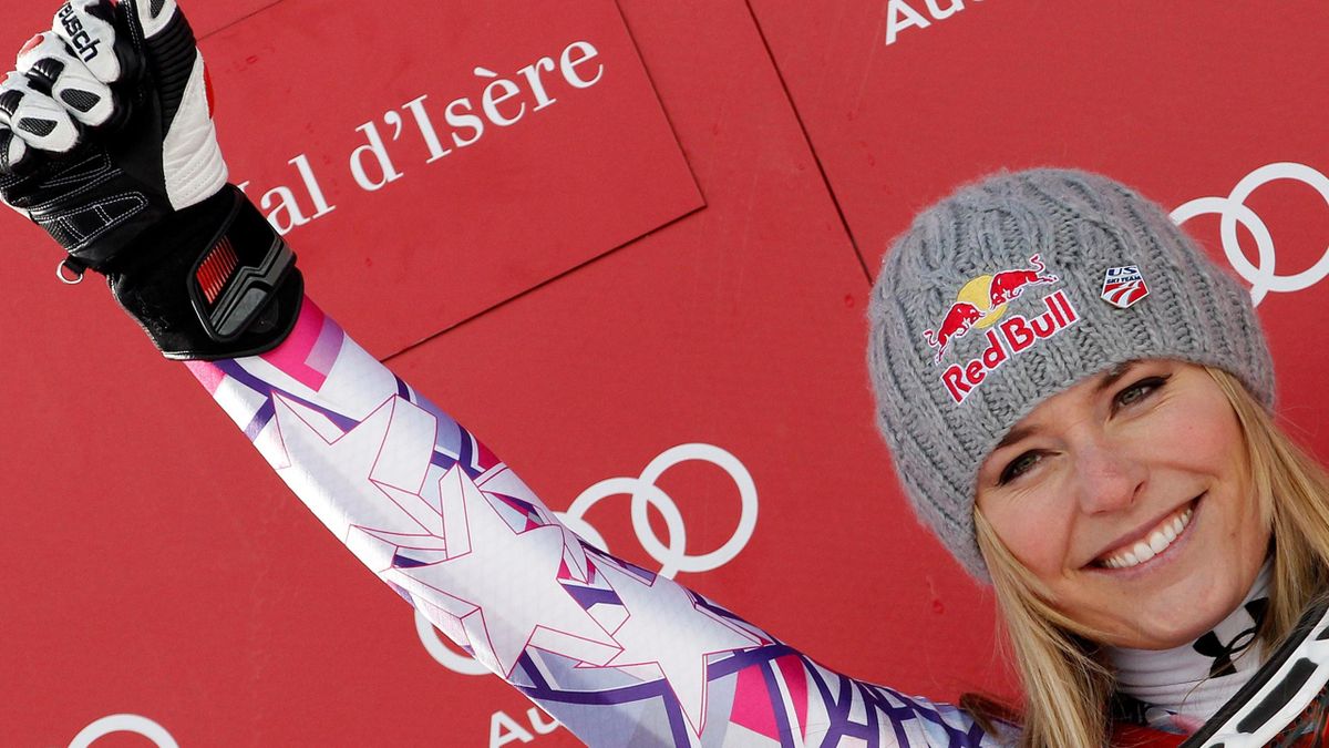 Lindsey Vonn of the U.S. celebrates on the podium after winning the women's Alpine Skiing World Cup downhill event in Val d'Isere December 18, 2010