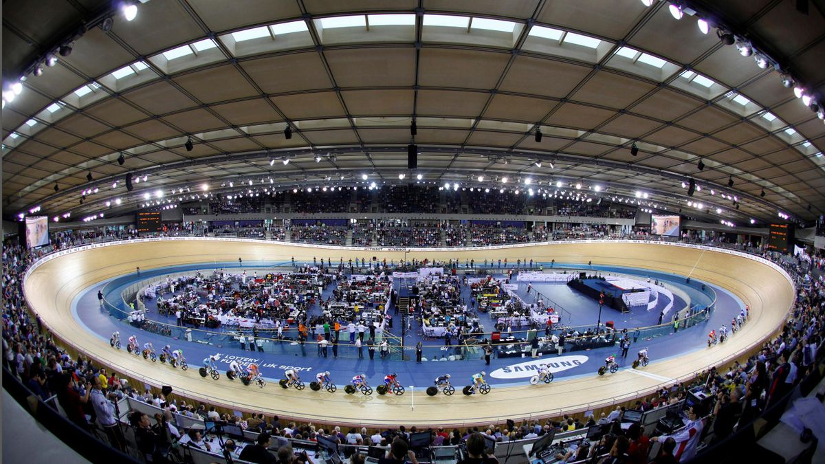 Cyclists compete in the Points Race of the Women's Omnium at the UCI Track Cycling World Cup at the Olympic Velodrome in London
