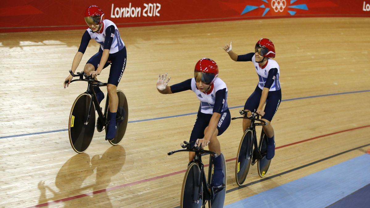 Britain's Danielle King, Laura Trott and Joanna Rowsell celebrate after their track cycling women's team pursuit qualifying at the Velodrome during the London 2012 Olympic Games (Reuters)