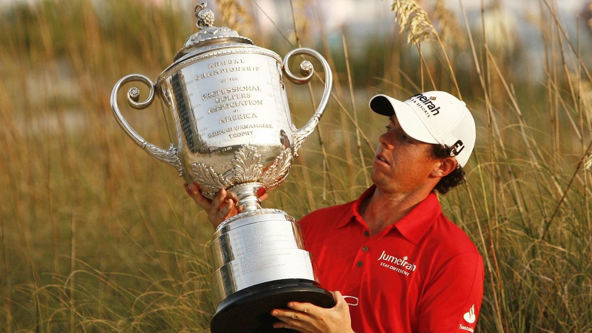 Rory McIlroy of Northern Ireland poses with the Wanamaker Trophy after capturing the PGA Championship at The Ocean Course on Kiawah Island, South Carolina (Reuters)