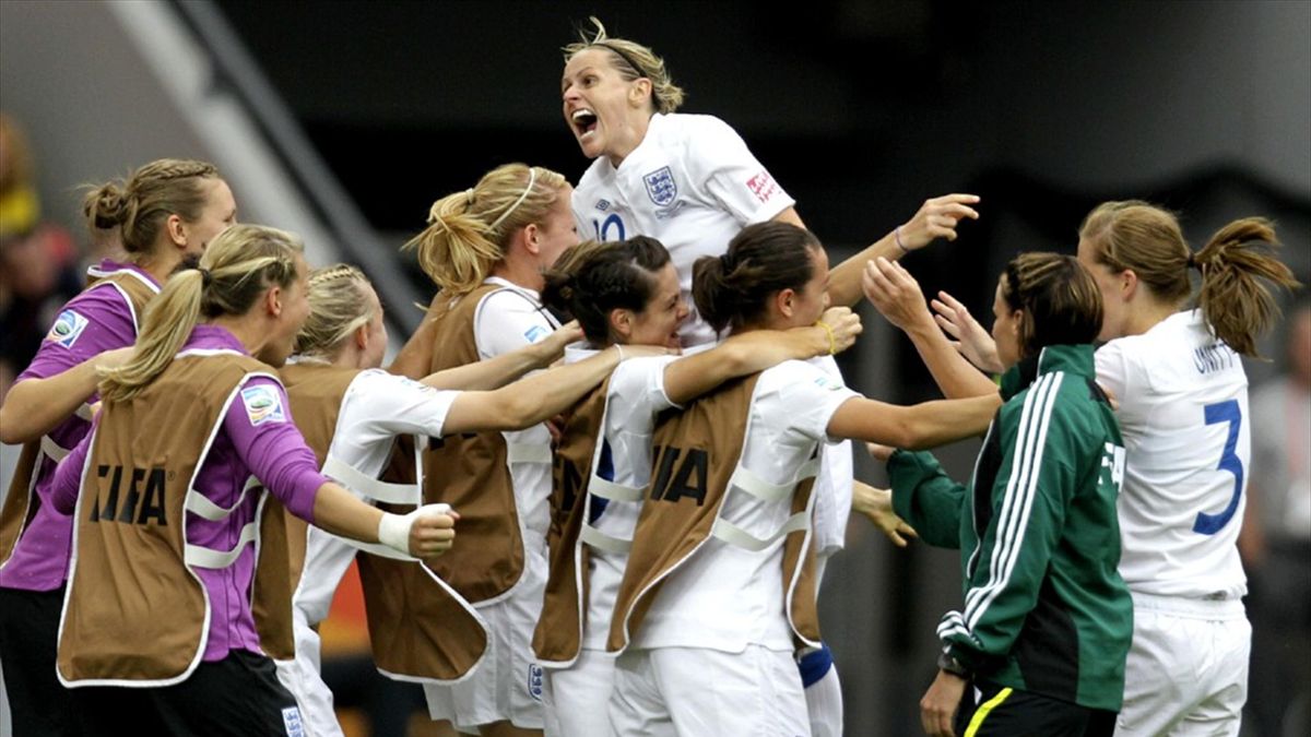 England's women's players celebrate a goal (Reuters)
