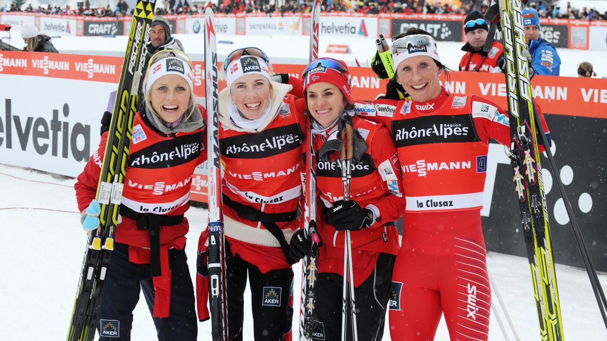 From L to R, Norwegian Therese Johaug, Kristin Stoermer Steira, Heidi Weng, Marit Bjoergen, (First) celebratethe women's World Cup nordic skiing cross country 4 x 5 km Classic Free Relay