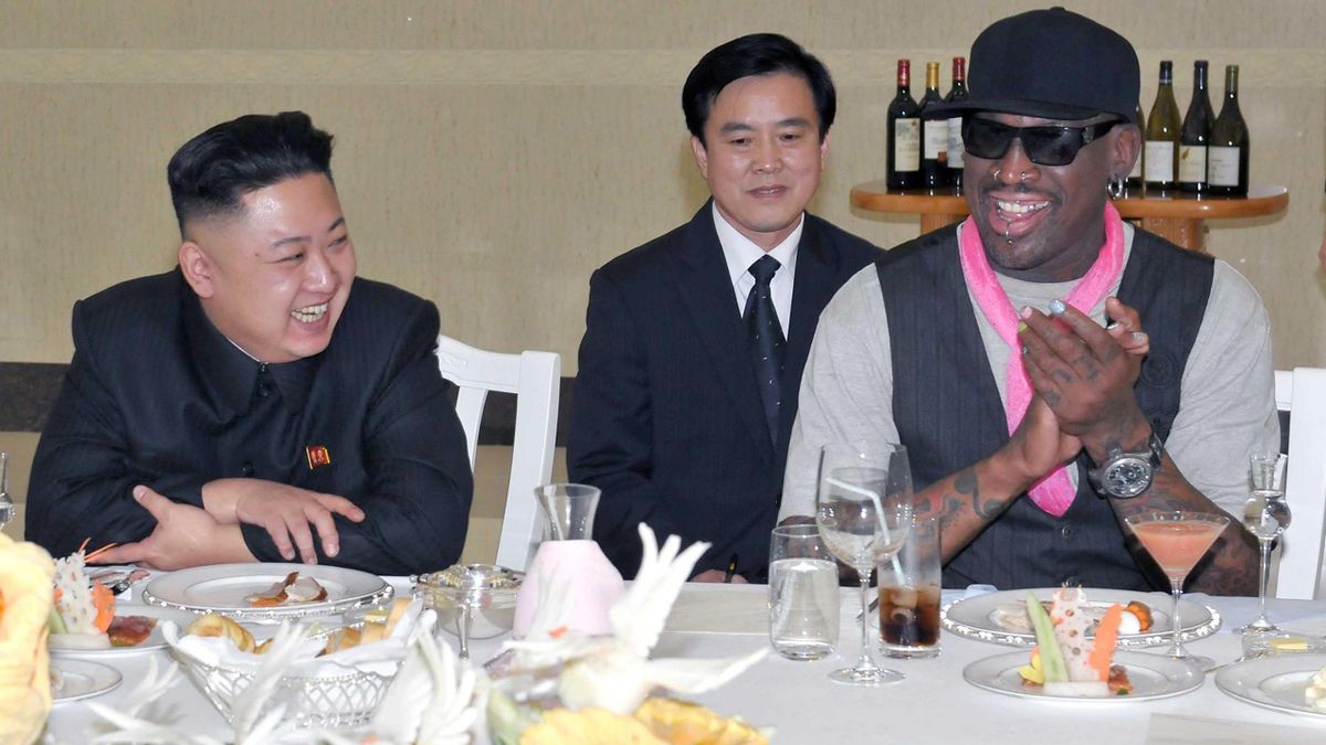 North Korean leader Kim Jong-Un and former NBA basketball player Dennis Rodman (R) talk in Pyongyang in this undated picture released by North Korea's KCNA news agency on March 1, 2013