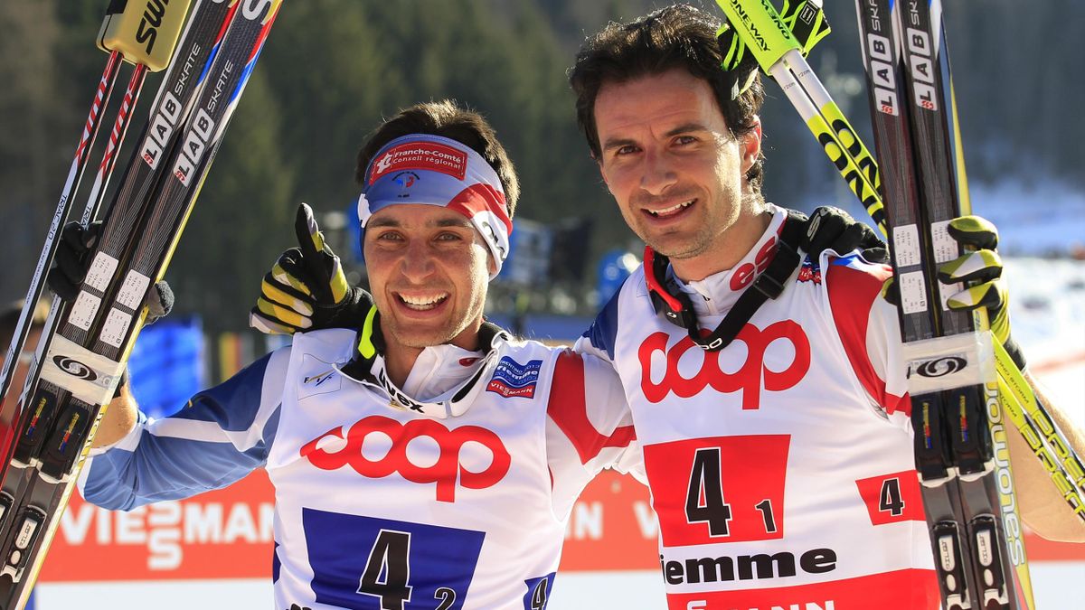 Jason Lamy Chappuis and Sebastien Lacroix of France celebrate their gold medal in the Nordic Combined Team Sprint 2x7.5km competition at the Nordic Ski World Championships in the northern mountain resort of Tesero in Val di Fiemme (Reuters)