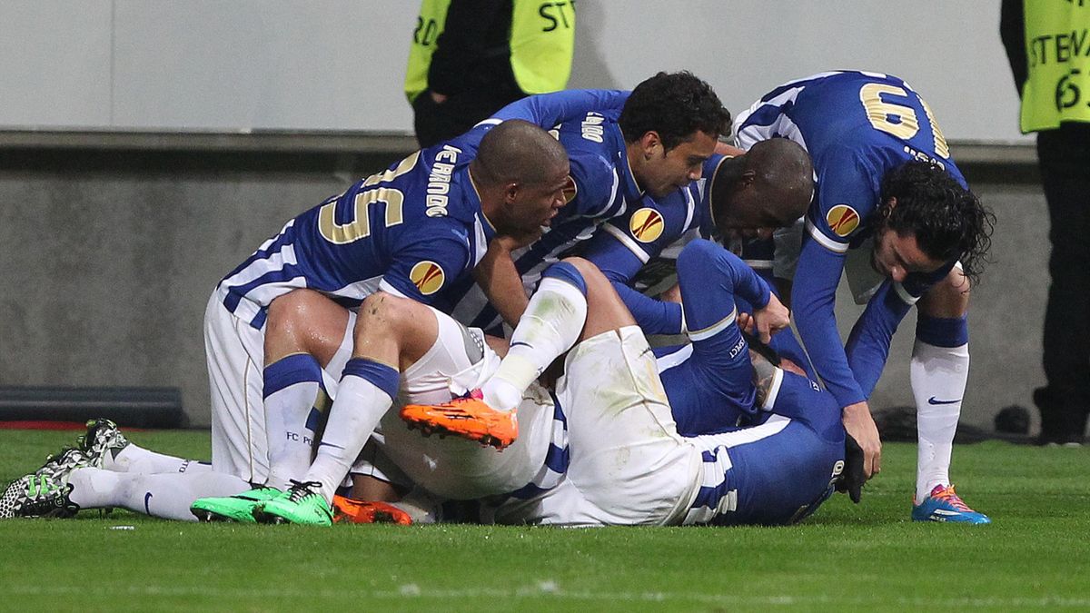 Ludogorets' team celebrate their first goal during the Europa