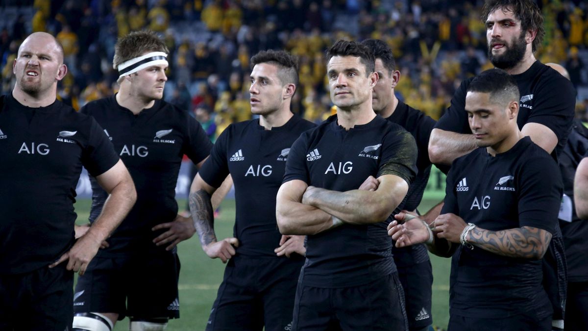 New Zealand's All Blacks react after their Bledisloe Cup rugby match loss to Australia's Wallabies in Sydney