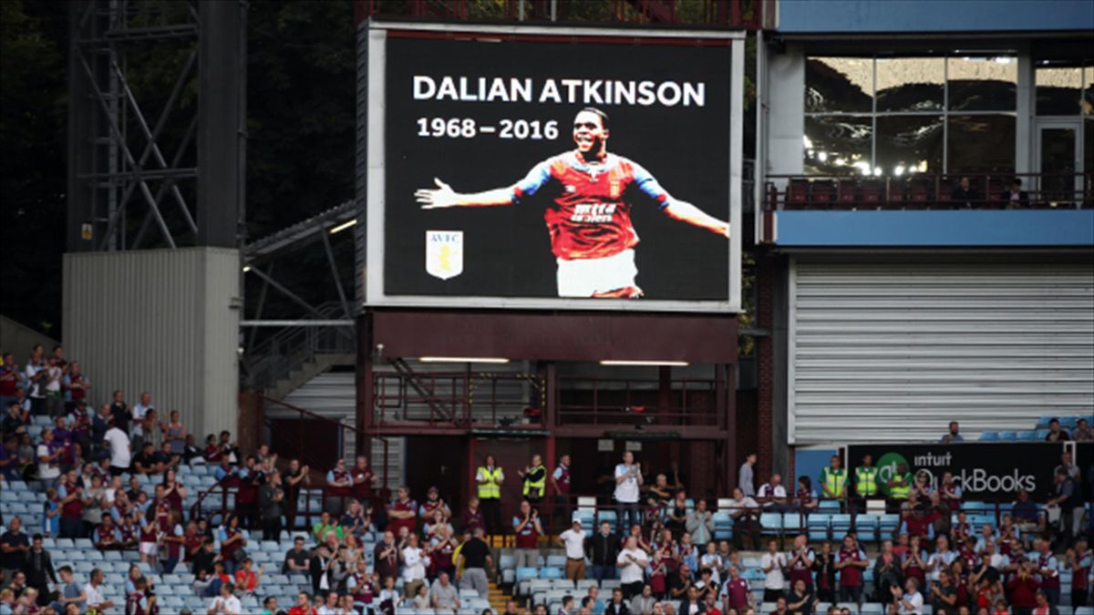 A tribute is shown on the Villa Park big screen in memory of former Aston Villa player Dalian Atkinson before their game against Huddersfield