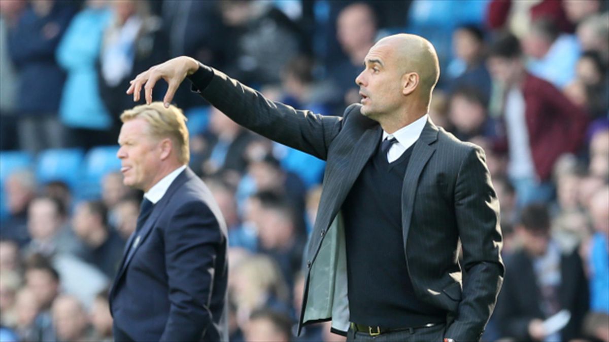 Pep Guardiola (right) faces his former team-mate Ronald Koeman on Monday