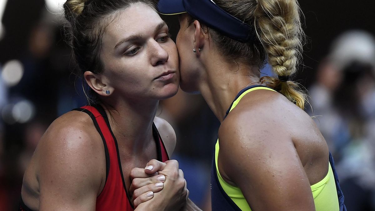 Simona Halep, pictured left, is congratulated by Angelique Kerber
