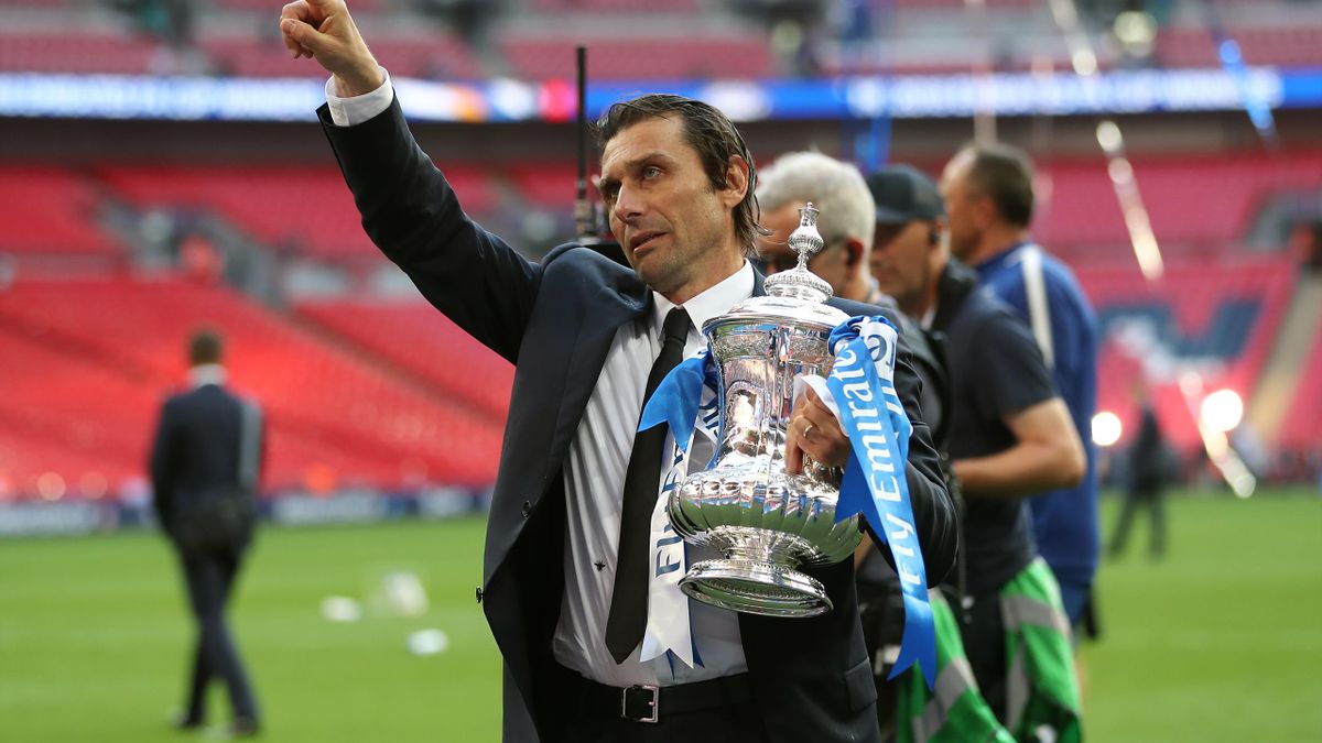 Chelsea manager Antonio Conte celebrates with the FA Cup trophy