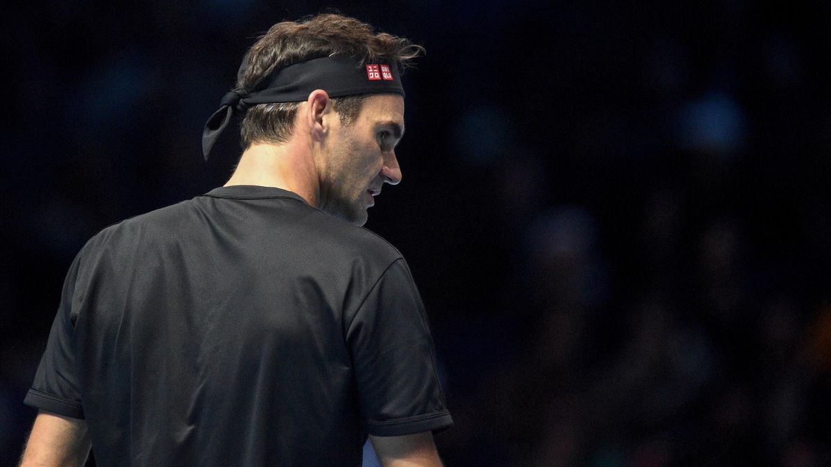 Roger Federer in thought during his match against Stefanos Tsitsipas during Day Seven of the Nitto ATP World Tour Finals at The O2 Arena on November 16, 2019 in London, England
