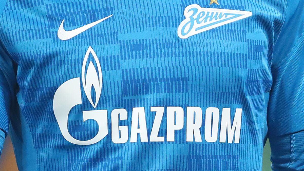 The Gazprom sponsor is seen on the shirts of Zenit St. Petersburg during the UEFA Europa League Knockout Round Play-Offs Leg Two match between Real Betis and Zenit St. Petersburg at Estadio Benito Villamarin on February 24, 2022 in Seville, Spain.