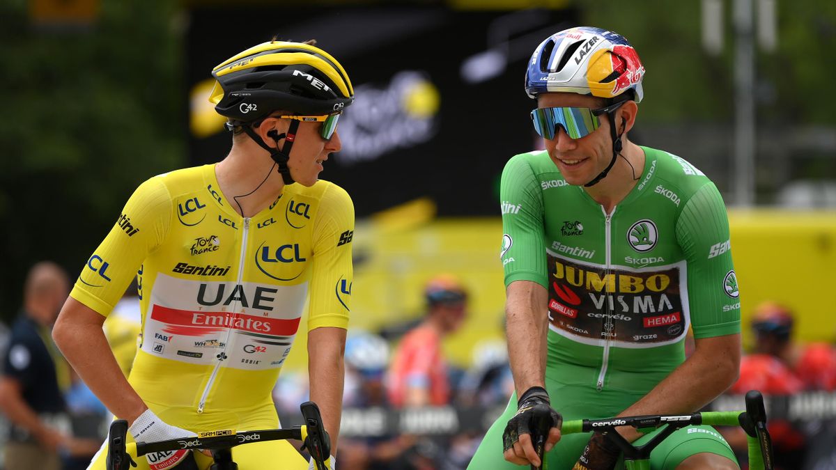 Tadej Pogacar of Slovenia and UAE Team Emirates - Yellow Leader Jersey and Wout Van Aert of Belgium and Team Jumbo - Visma - Green Points Jersey prior to the 109th Tour de France 2022