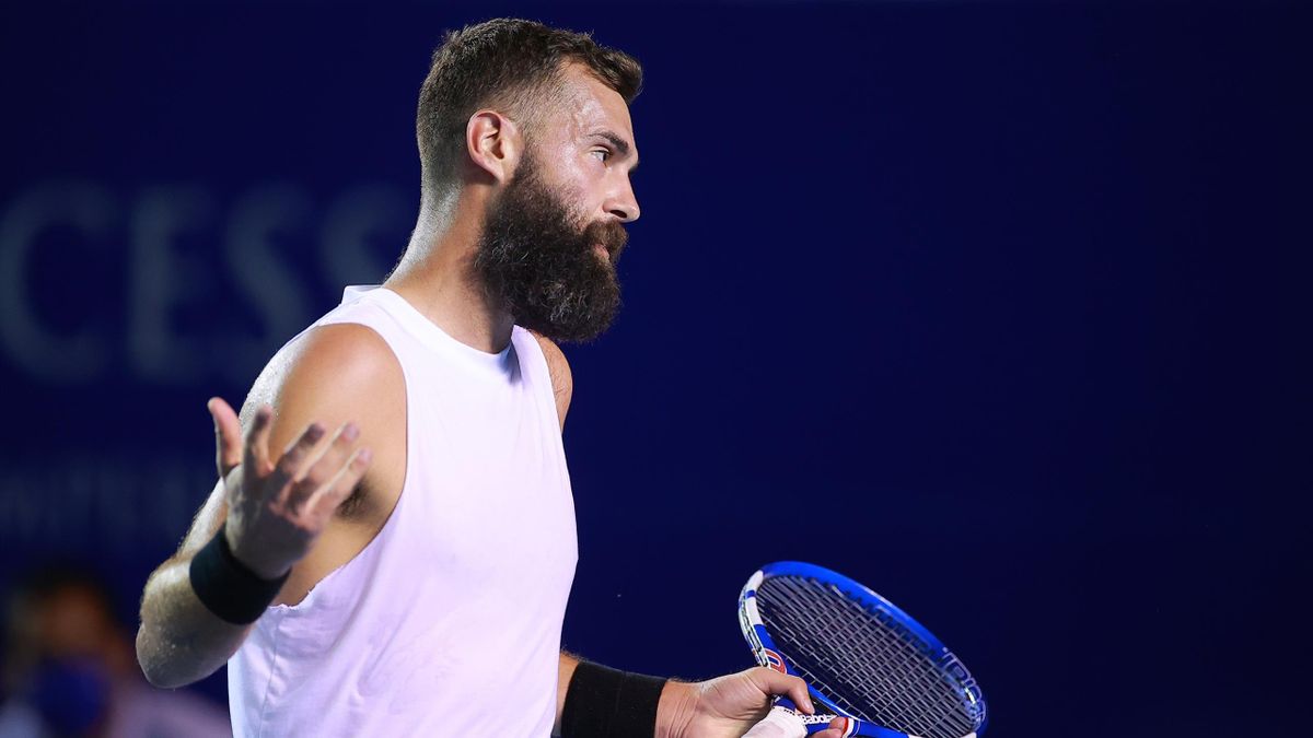 Benoit Paire of France reacts during the match against Stefanos Tsitsipas of Greece as part of the Telcel Mexican Open 2021 at Princess Mundo Imperial on March 16, 2021 in Acapulco, Mexico