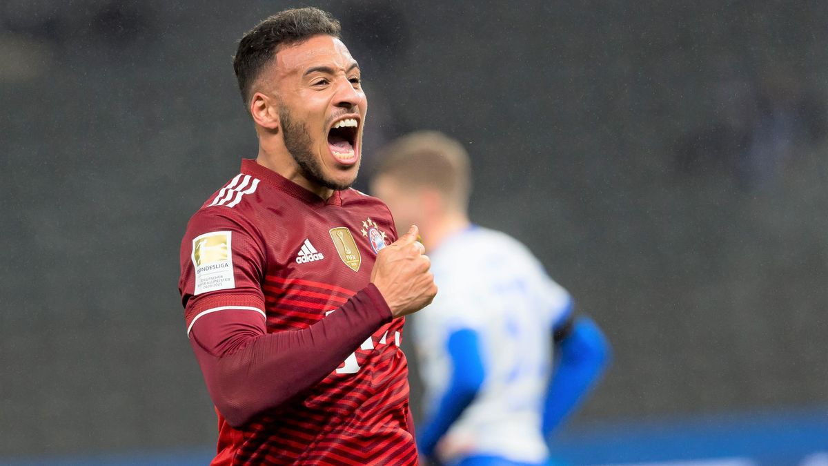 Corentin Tolisso of Bayern Munich celebrates after scoring his team's first goal during the Bundesliga match between Hertha Berlin and FC Bayern Munich at Olympiastadion on January 23, 2022