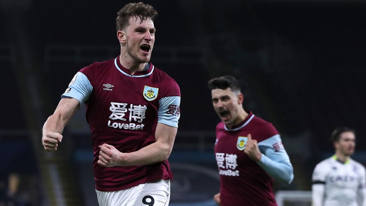Chris Wood of Burnley celebrates after scoring their sides third goal during the Premier League match between Burnley and Aston Villa at Turf Moor on January 27