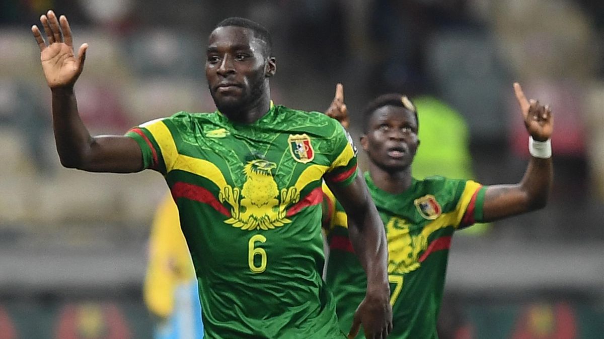 Mali defender Massadio Haidara celebrates scoring his team's first goal during the Group F Africa Cup of Nations (CAN) 2021 football match between Mali and Mauritania at Stade de Japoma in Douala on January 20, 2022