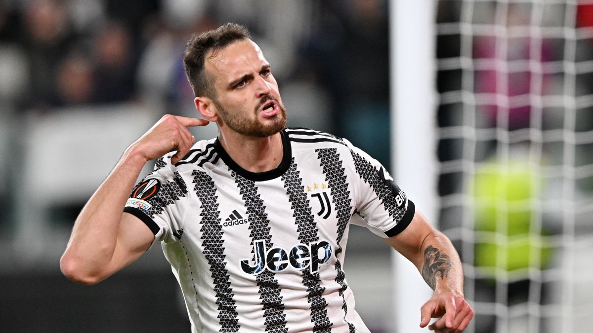 Federico Gatti of Juventus celebrates after scoring the team's first goal during the UEFA Europa League semi-final first leg match between Juventus and Sevilla FC at Allianz Stadium on May 11, 2023 in Turin, Italy.