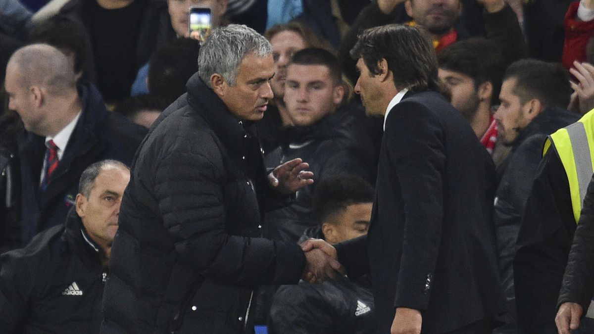Manchester United's Portuguese manager Jose Mourinho (L) shakes hands with Chelsea's Italian head coach Antonio Conte (R) after the final whistle of the English Premier League football match between Chelsea and Manchester United at Stamford Bridge in Lond