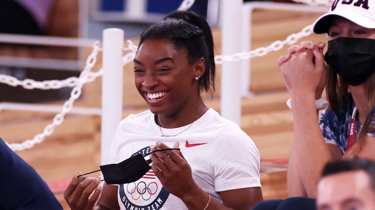 Simone Biles has been supporting her team-mates from the stands in Tokyo