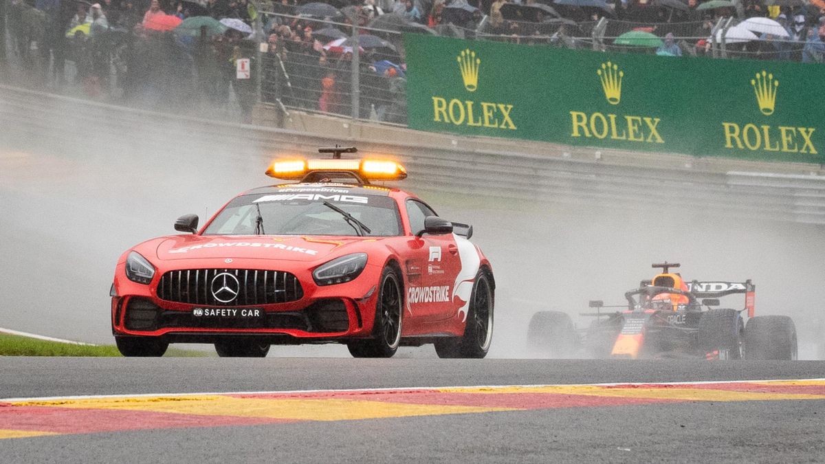 Red Bull's Dutch driver Max Verstappen drives behind the safety car as it rains at the start of the Spa-Francorchamps Formula One Grand Prix of Belgium race, the 12 GP (out of 23) of the world championship, in Spa-Francorchamps, Sunday 29 August 2021
