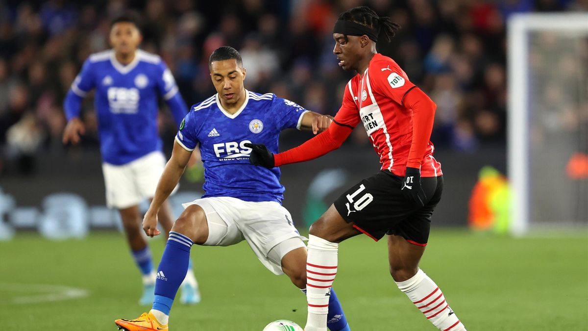 Youri Tielemans of Leicester City and Noni Madueke of PSV Eindhoven during the UEFA Conference League Quarter Final Leg One match between Leicester City and PSV Eindhoven at on April 7, 2022 in Leicester