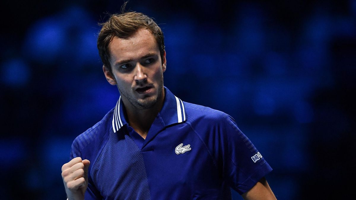 Russia's Daniil Medvedev celebrates a point against Germany's Alexander Zverev during their first round singles match of the ATP Finals at the Pala Alpitour venue in Turin