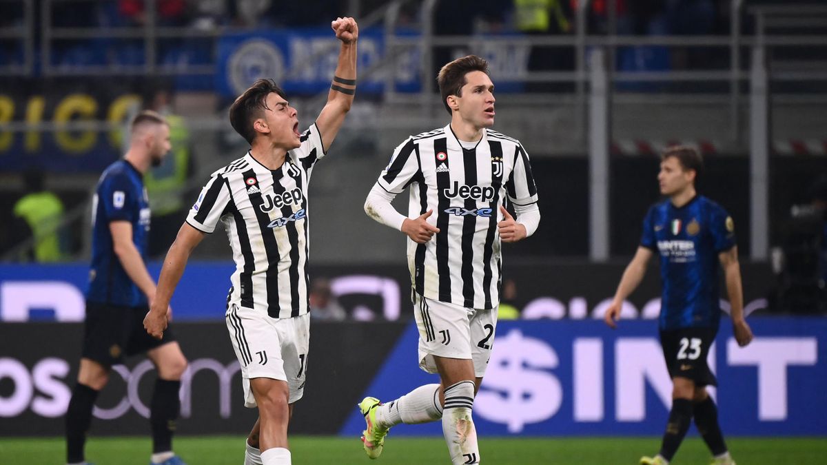 Juventus' Argentine forward Paulo Dybala celebrates after scoring an equalizer during the Italian Serie A football match between Inter and Juventus on October 24, 2021 at the Giuseppe-Meazza