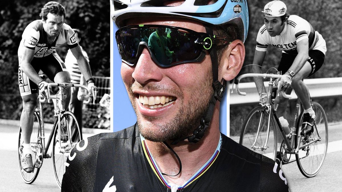 Die Top 3 der Tour-Etappensieger: Hinault, Cavendish, Merckx (v.l.n.r.)