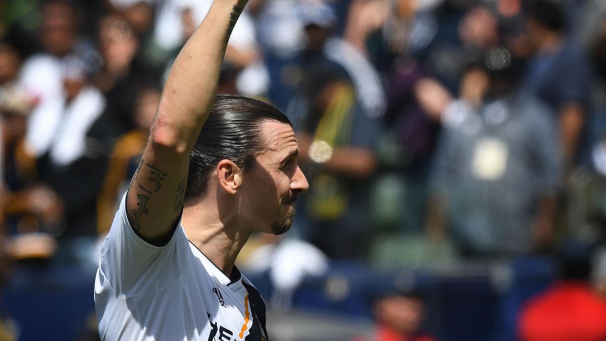 Zlatan Ibrahimovic from LA Galaxy celebrates after defeating LAFC during their Major League Soccer (MLS) game at the StarHub Center in Los Angeles, California, on March 31, 2018. The 37 year old is playing his first game for the Los Angeles Galaxy