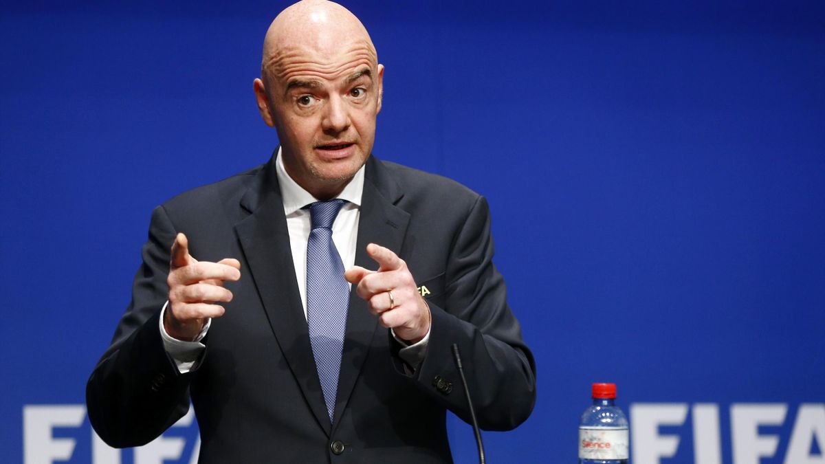 Gianni Infantino addresses reporters in Zurich.