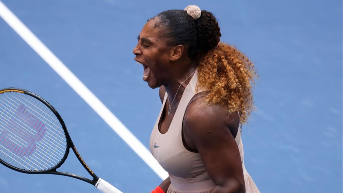 Serena Williams during her three-set win over Maria Sakkari
