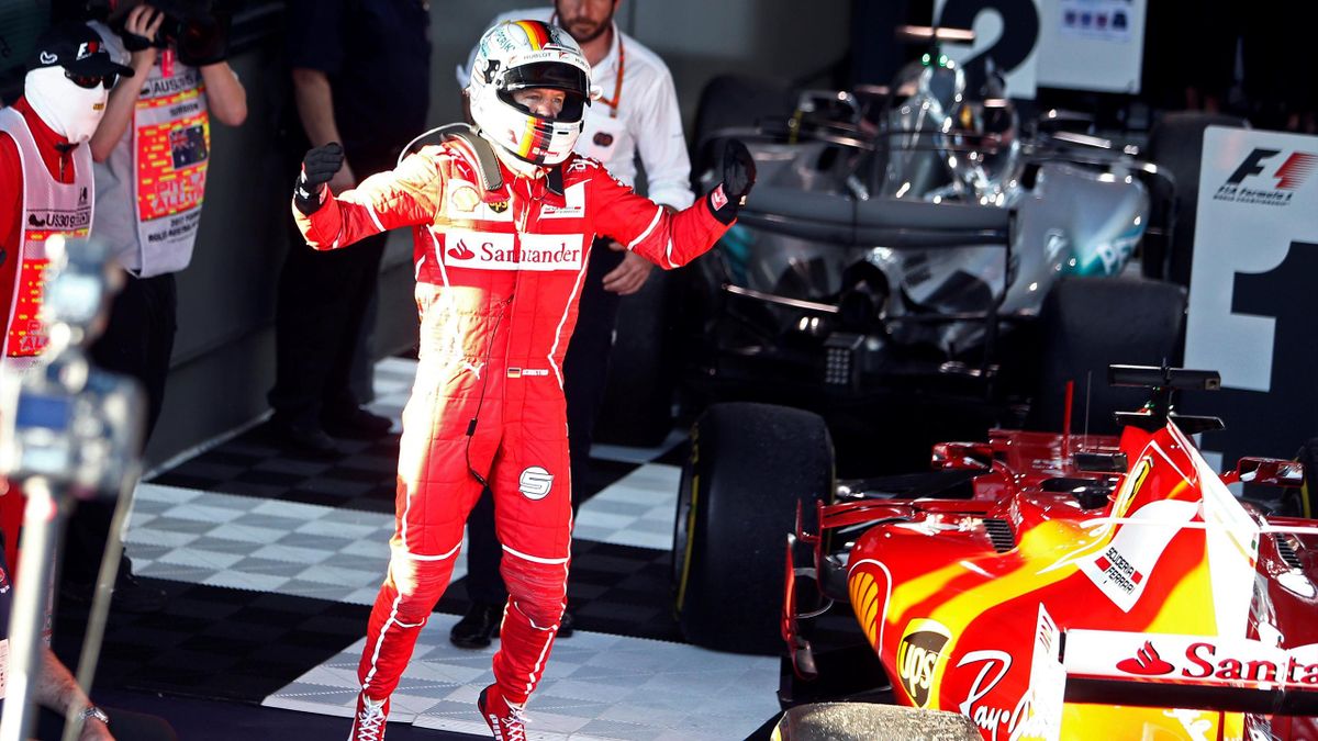 Sebastian Vettel of Germany celebrates after winning the Australian Grand Prix.