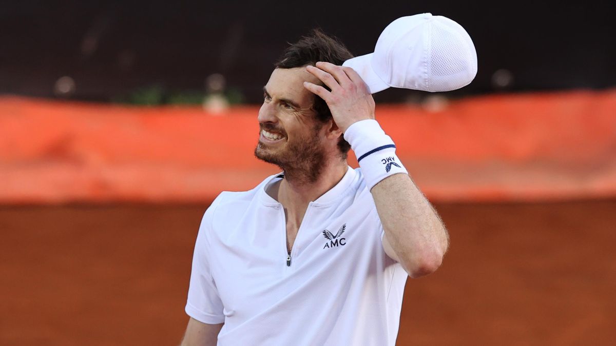 Andy Murray of Great Britain reacts to a missed point on day 5 of the Internazionali BNL d’Italia match between Max Purcell and Luke Saville, both of Australia against Liam Broady and Andy Murray, both of Great Britain at Foro Italico on May 12, 2021 in R