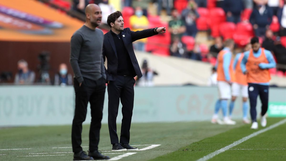 Ryan Mason, Interim Manager of Tottenham Hotspur reacts during the Carabao Cup Final between Manchester City and Tottenham Hotspur at Wembley Stadium on April 25, 2021 in London, England
