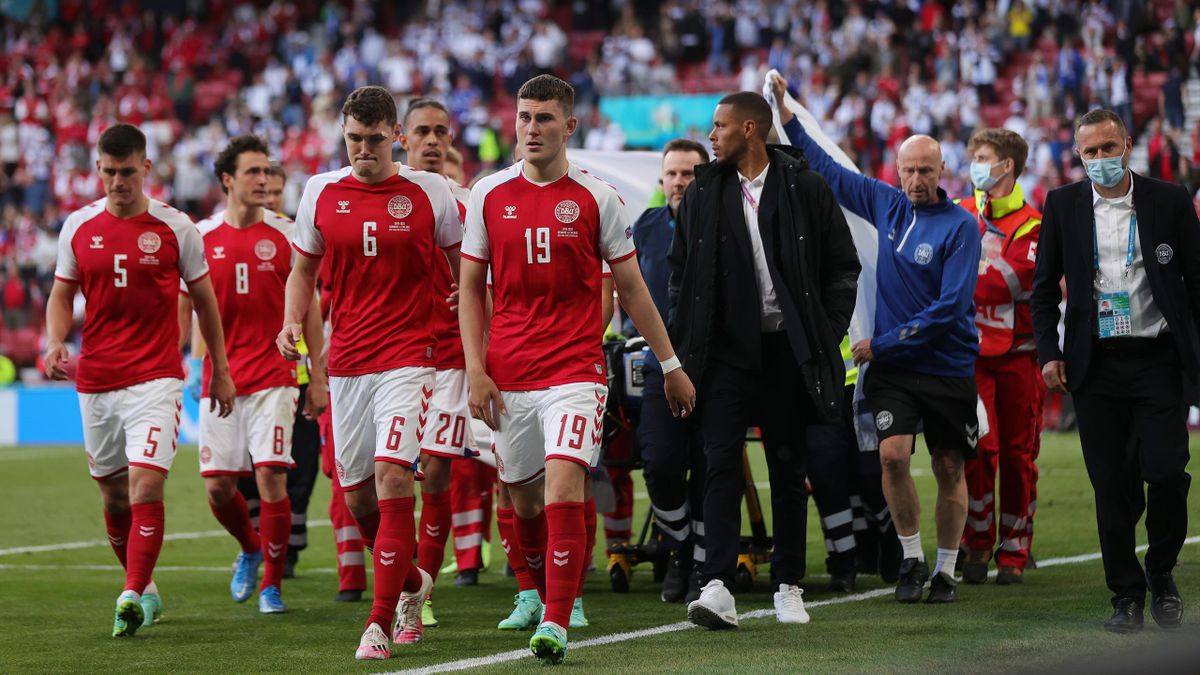 Denmark players in the aftermath of the incident involving Eriksen