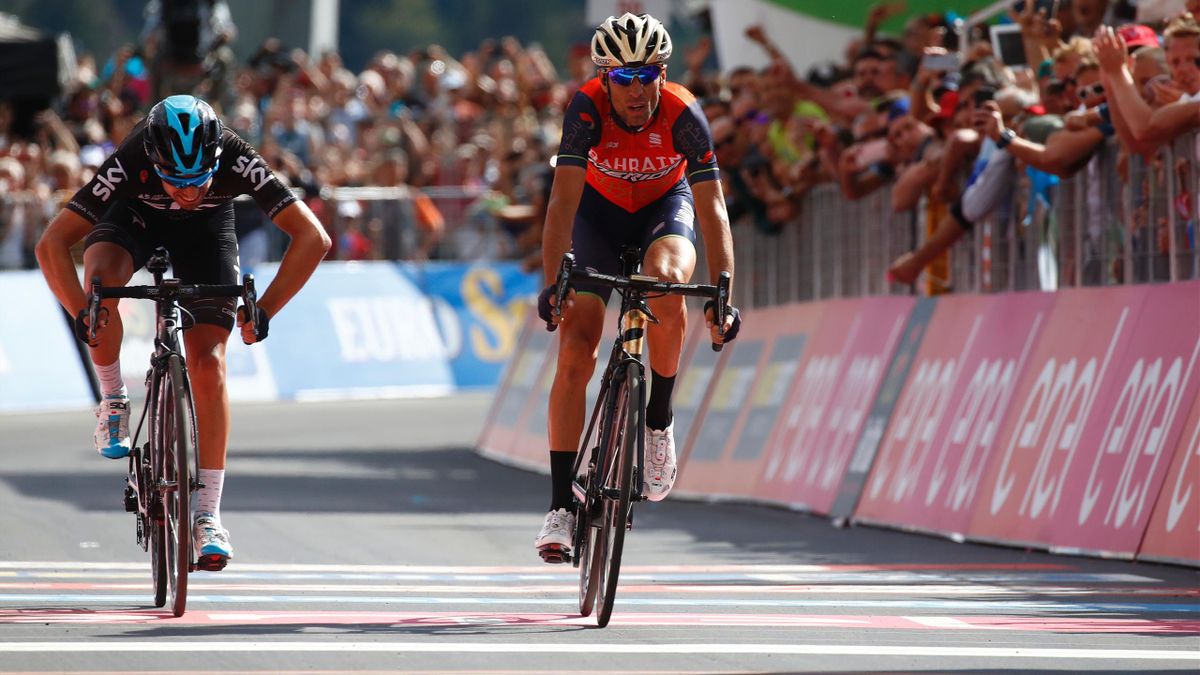 Vincenzo Nibali (Bahrain-Merida) vainqueur de la 16e étape à Bormio devant Mikel Landa (Sky)
