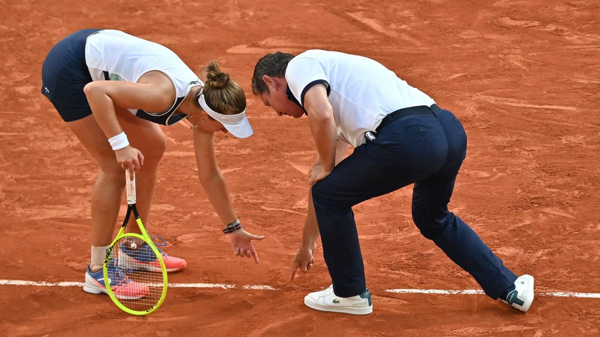 Barbora Krejcikova of Czechia in action against Maria Sakkari (not seen) of Greece during their semi- final match at the French Open tennis tournament at Roland Garros in Paris