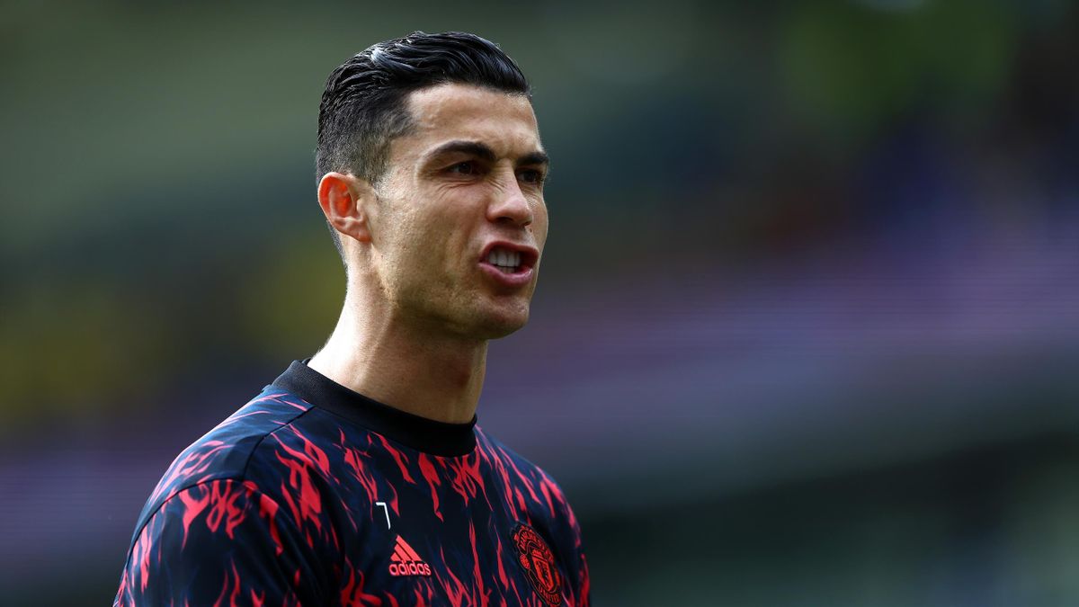 Cristiano Ronaldo of Manchester United looks on during warm up for the Premier League match between Brighton & Hove Albion and Manchester United at American Express Community Stadium on May 07, 2022 in Brighton, England.