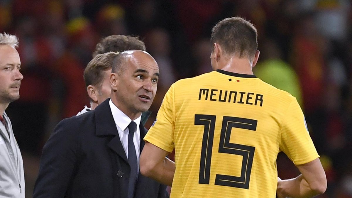 Thomas Meunier et Roberto Martinez lors d'un match international entre l'Ecosse et la Belgique le 9 septembre 2019