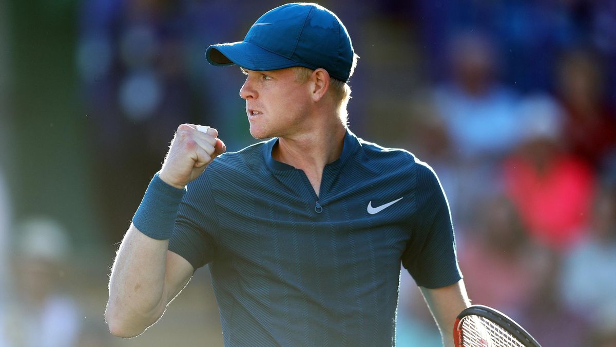 Kyle Edmund of Great Britain celebrates during his match against Andy Murray of Great Britain on day six of the Nature Valley International at Devonshire Park on June 27, 2018 in Eastbourne, United Kingdom