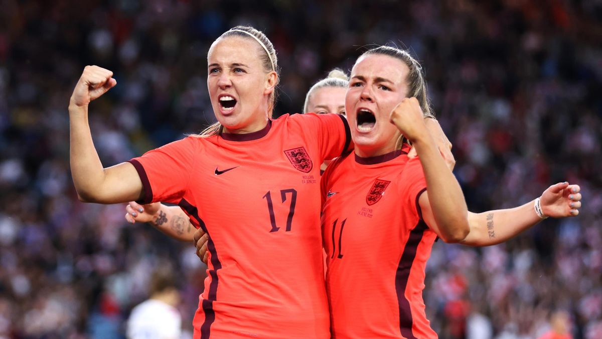 Beth Mead of England celebrates scoring during the Women's International friendly between England and Netherlands at Elland Road on June 24, 2022 in Leeds