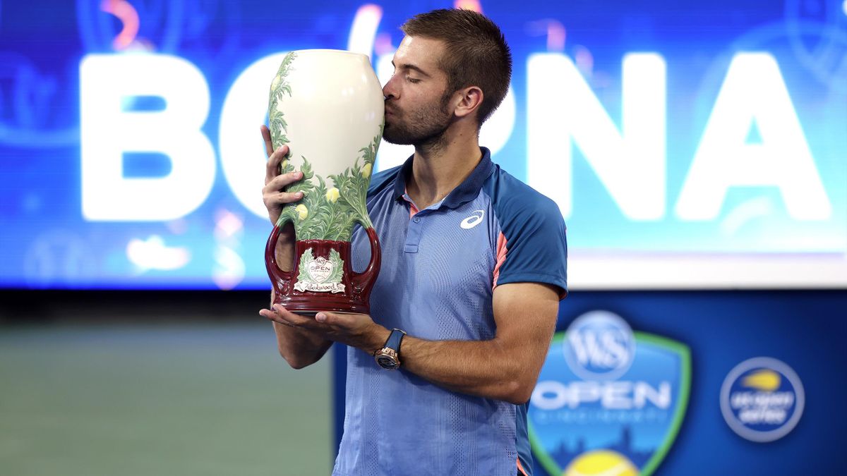 Borna Coric of Croatia celebrates after defeating Stefanos Tsitsipas of Greece in their Men's Singles Final