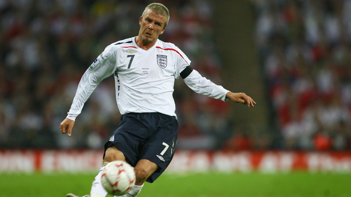 David Beckham of England takes a free kick which is headed in by John Terry for their first goal during the International Friendly match between England and Brazil at Wembley Stadium on June 1, 2007 in London