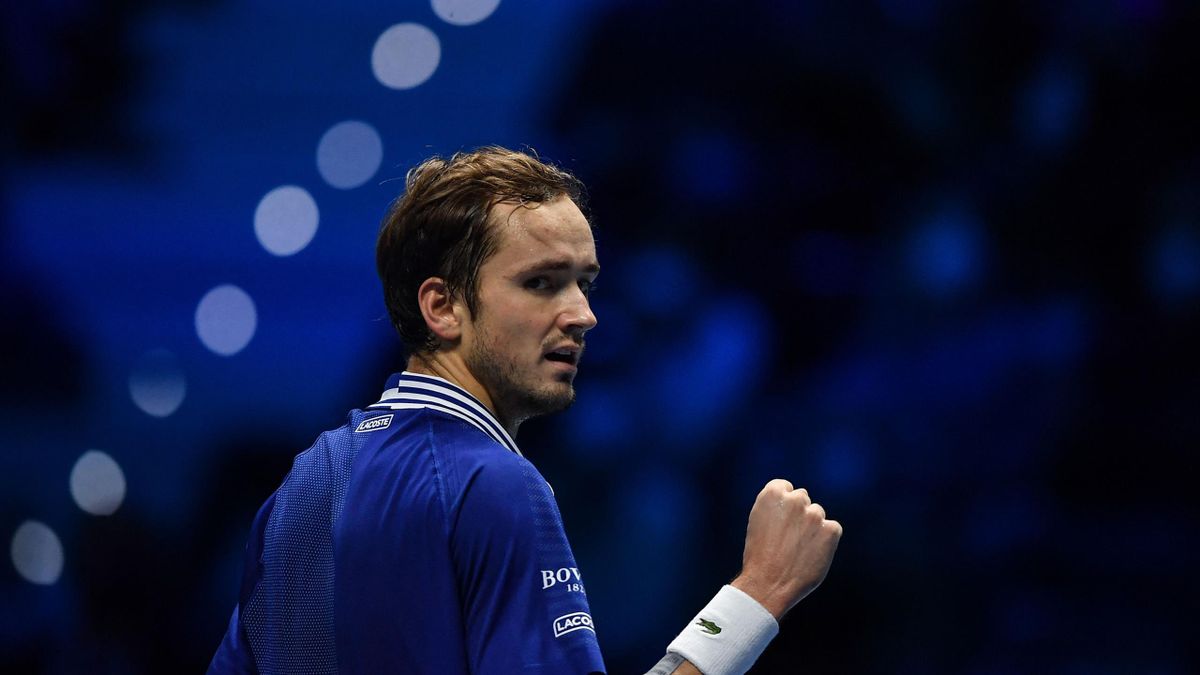 Russia's Daniil Medvedev celebrates a point against Norway's Casper Ruud during their semi-final match of the ATP Finals at the Pala Alpitour venue in Turin on November 20, 2021. (Photo by Marco BERTORELLO / AFP) (Photo by MARCO BERTORELLO/AFP via Getty I