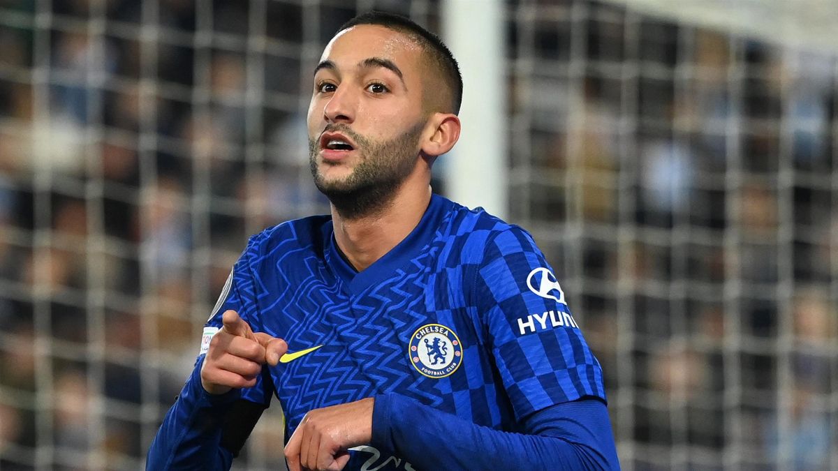 Chelsea's Moroccan midfielder Hakim Ziyech celebrates scoring the opening goal during the UEFA Champions League group H football match Malmo FF v Chelsea FC in Malmo, Sweden on November 2, 2021. (Photo by Jonathan NACKSTRAND / AFP) (Photo by JONATHAN NACK